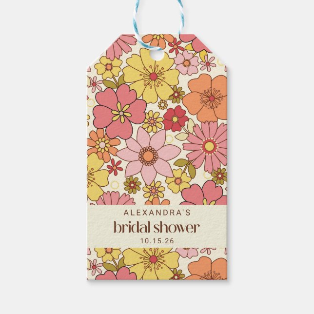 Retro Boho Pink Yellow Floral Custom Bridal Shower Gift Tags (Front)