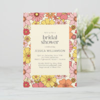Retro Boho Pink Yellow Floral Groovy Bridal Shower