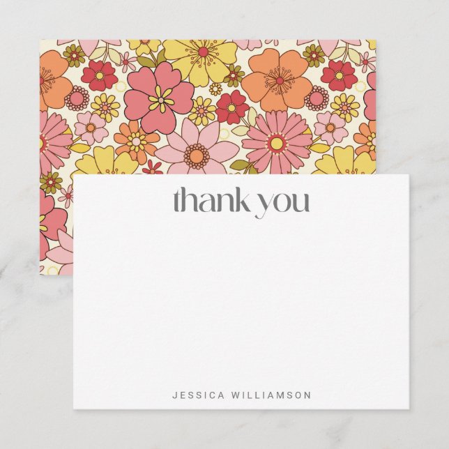 Retro Boho Pink Yellow Floral Groovy Bridal Shower Thank You Card (Front/Back)