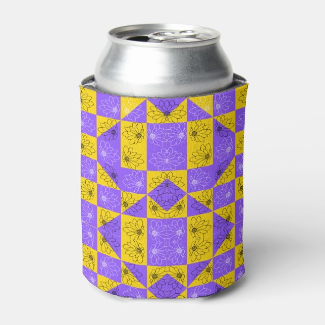 Retro Boho Purple & Yellow Daisy Chequerboard Can Cooler (Can Front)