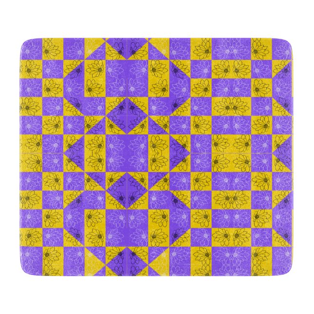 Retro Boho Purple & Yellow Daisy Chequerboard Cutting Board (Front)