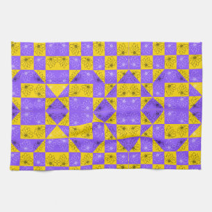 Retro Boho Purple & Yellow Daisy Chequerboard Kitchen Towel