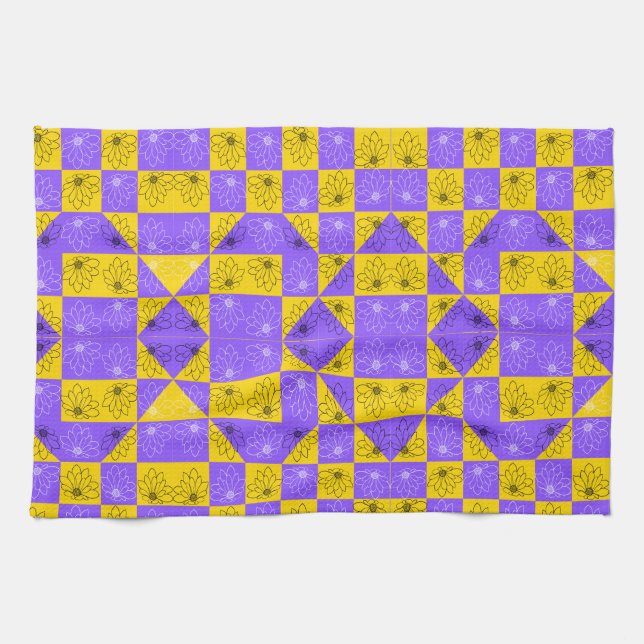 Retro Boho Purple & Yellow Daisy Chequerboard Kitchen Towel (Horizontal)