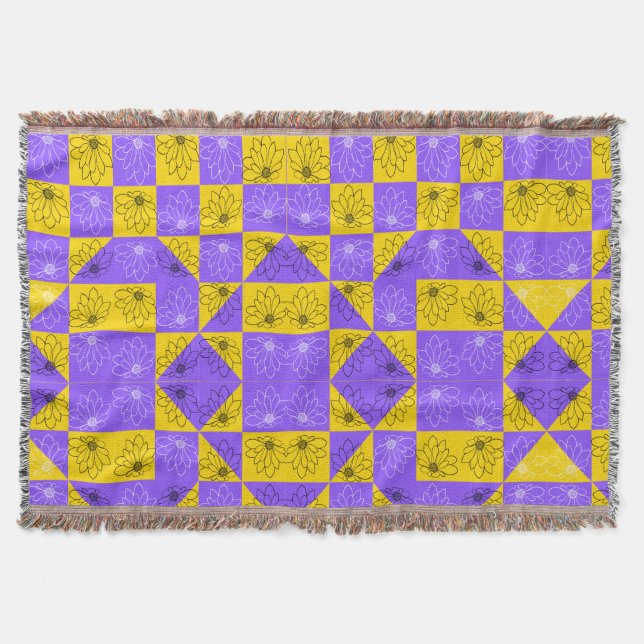 Retro Boho Purple & Yellow Daisy Chequerboard Throw Blanket (Front)