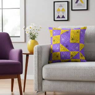 Retro Boho Purple & Yellow Daisy Chequerboard Throw Pillow