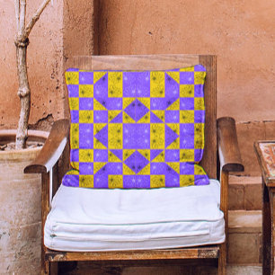 Retro Boho Purple & Yellow Daisy Chequerboard Throw Pillow