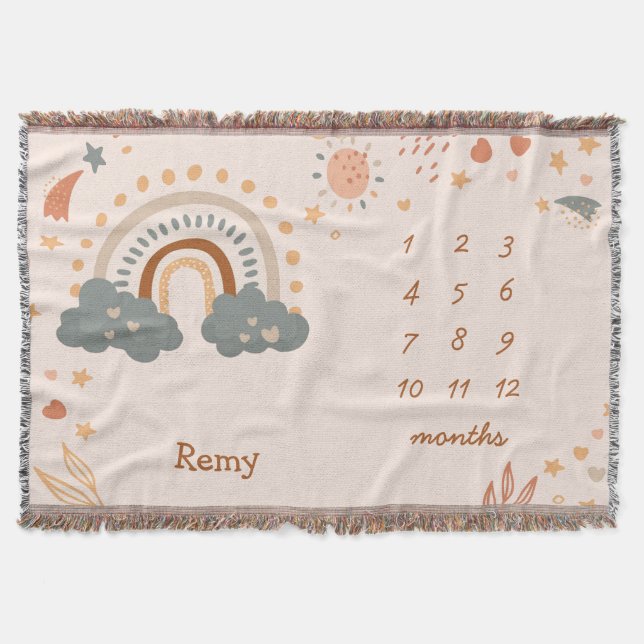 Retro Boho Rainbow Rust Baby Milestone Months Throw Blanket (Front)