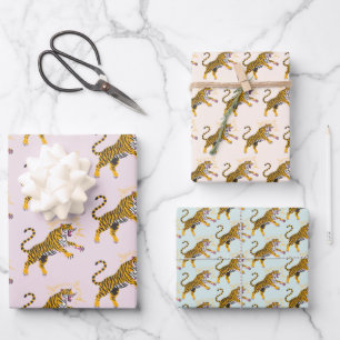 Retro Boho Roaring Tiger Orange Pink Wrapping Paper Sheet