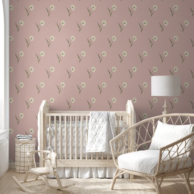 Retro Boho Scattered Wildflower Daisy Pattern Pink Wallpaper (Kids)