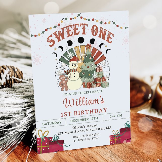 Retro Boho Snowman Christmas Tree 1st Birthday Invitation (Creator Uploaded)