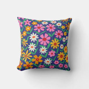 Retro Boho Spring Colourful Flowers on Navy Blue  Throw Pillow