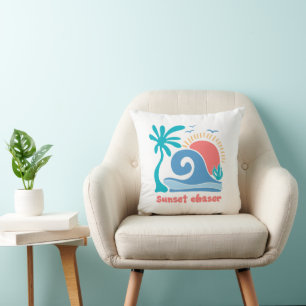 Retro Boho Summer Sunset Chaser Throw Pillow