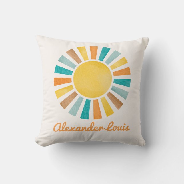 Retro Boho Sunshine Baby Boy Nursery Throw Pillow (Front)