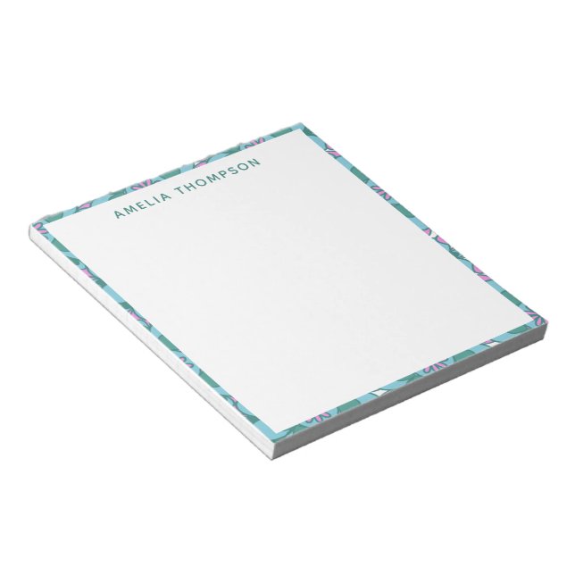 Retro Boho Teal Floral Motif Pattern Personalized Notepad (Angled)