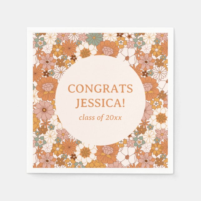 Retro Boho Terracotta Floral Cute Graduation Party Napkin (Front)