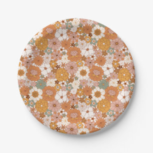 Retro Boho Terracotta Floral Wildflowers Autumn  Paper Plate