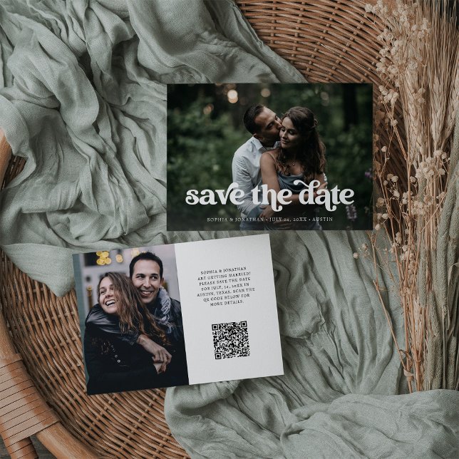 Retro Boho Typography and Two Photos | QR Code Save The Date (Creator Uploaded)