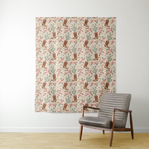 Retro Boho Western Desert Cactus Floral Motif Tapestry