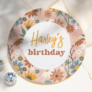 Retro Boho Wildflower Girl Birthday Party Paper Plate