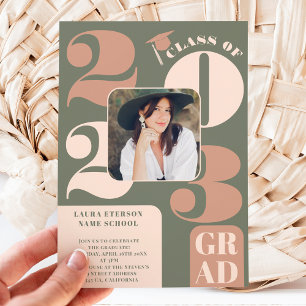 Retro bold 2023 green beige 5 photos graduation invitation