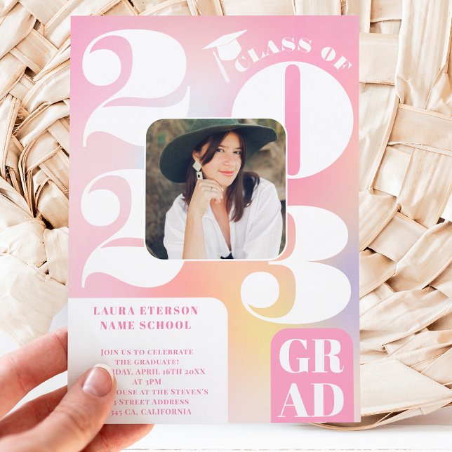 Retro bold 2023 holographic 5 photos graduation invitation (Creator Uploaded)