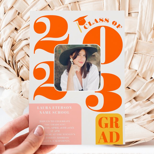 Retro bold 2023 pink orange 5 photos graduation invitation (Creator Uploaded)
