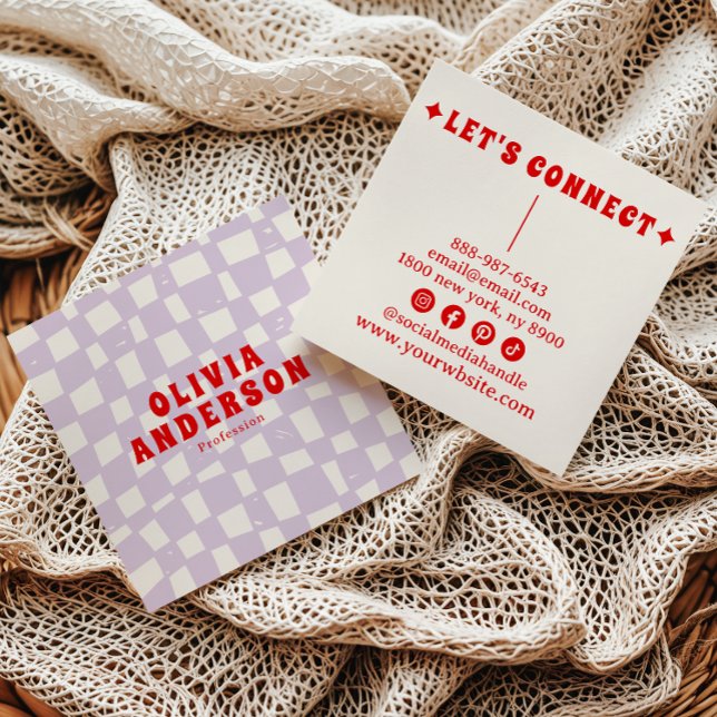 Retro Bold 70's Groovy Chequered Girly Trendy Fun Square Business Card (Creator Uploaded)