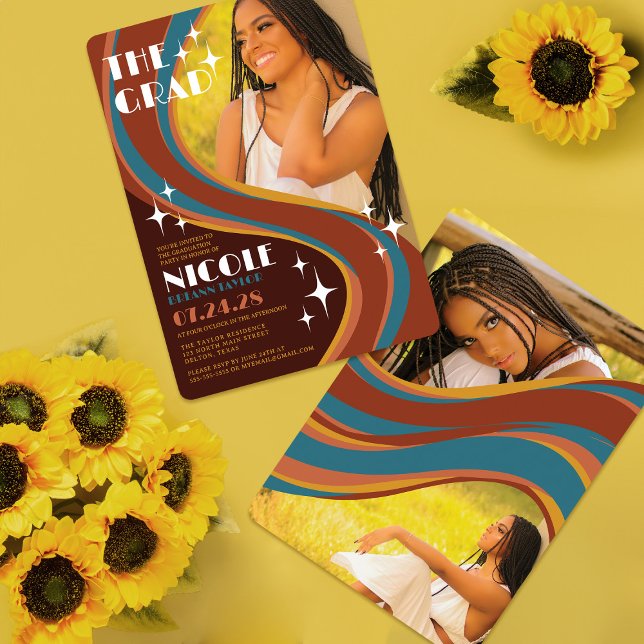 Retro Bold 70's Rainbow Swirl Casual Graduation Invitation (Creator Uploaded)