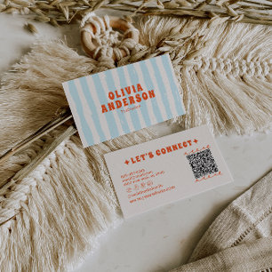 Retro Bold Blue  Groovy Funky Trendy Fun QR Code Business Card