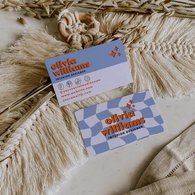 Retro Bold Blue Orange Groovy Checkered Unique Fun Business Card (Creator Uploaded)