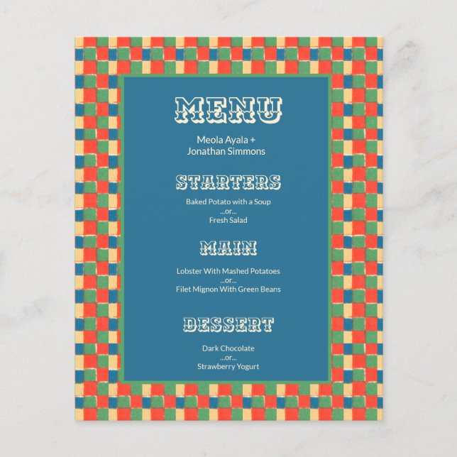 Retro Bold Color Checkers Menu Mariage Motif (Devant)