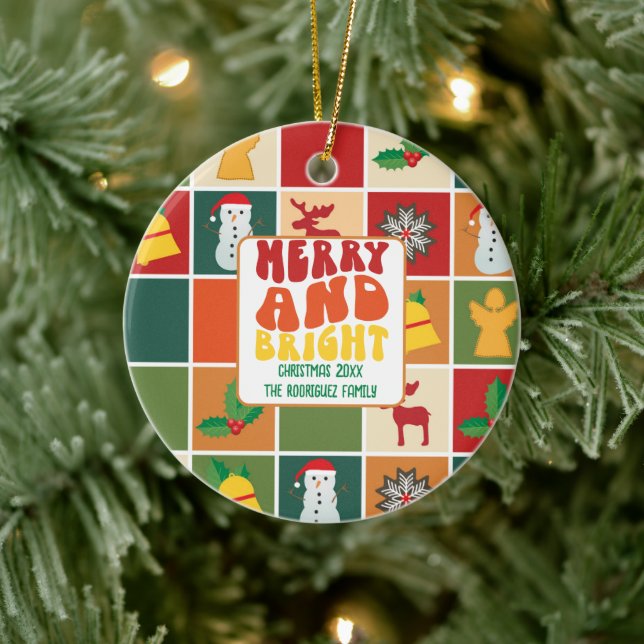 Retro Bold Colourful Family Name Christmas Ceramic Ornament (Tree)