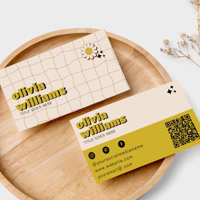 Retro Bold Green Flower QR Code Boho Groovy  Business Card (Creator Uploaded)