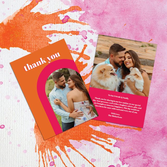 Retro Bold Neon Orange Pink Arch Wedding Thank You Card (Creator Uploaded)