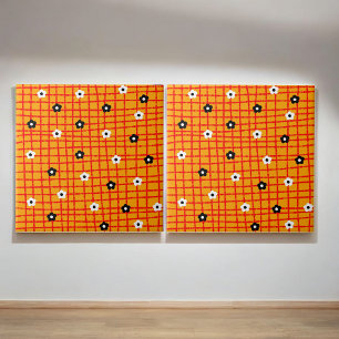 Retro Bold Orange Floral Grid Checkered Botanical  Tile