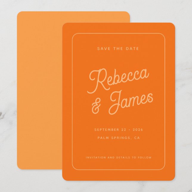 Retro Bold Orange Typography Frame Wedding Save The Date (Front/Back)