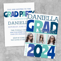 Retro Bold Oversized 3 Photo Blue Teal Grad Party