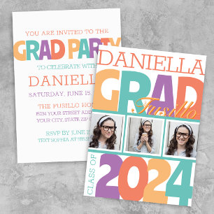 Retro Bold Oversized 3 Photo Grad Party Invitation