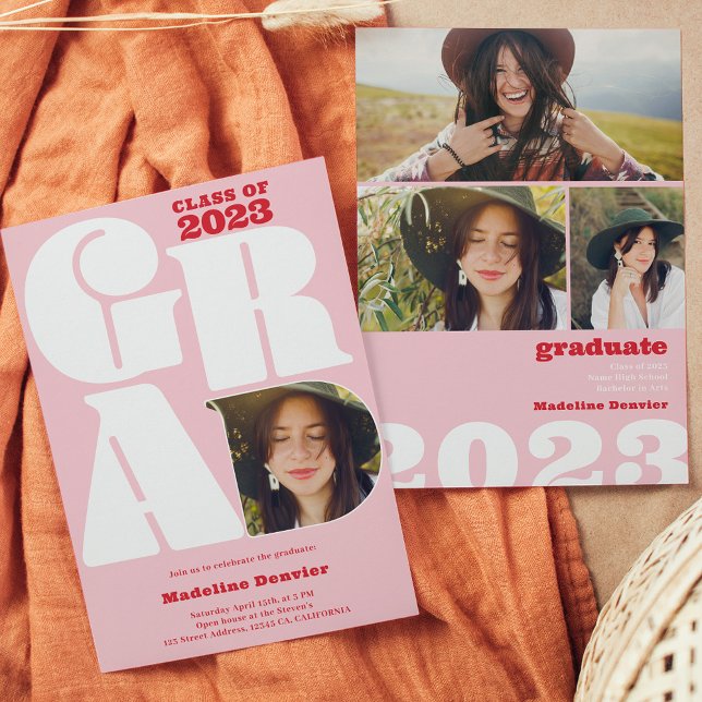 Retro bold oversized Grad 4 photo 2023 graduation Invitation (Creator Uploaded)