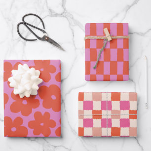 Retro Bold Pink and Red Floral and Checks Wrapping Paper Sheet