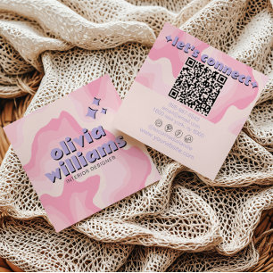 Retro Bold Pink Purple QR Code Groovy Girly Trendy Square Business Card