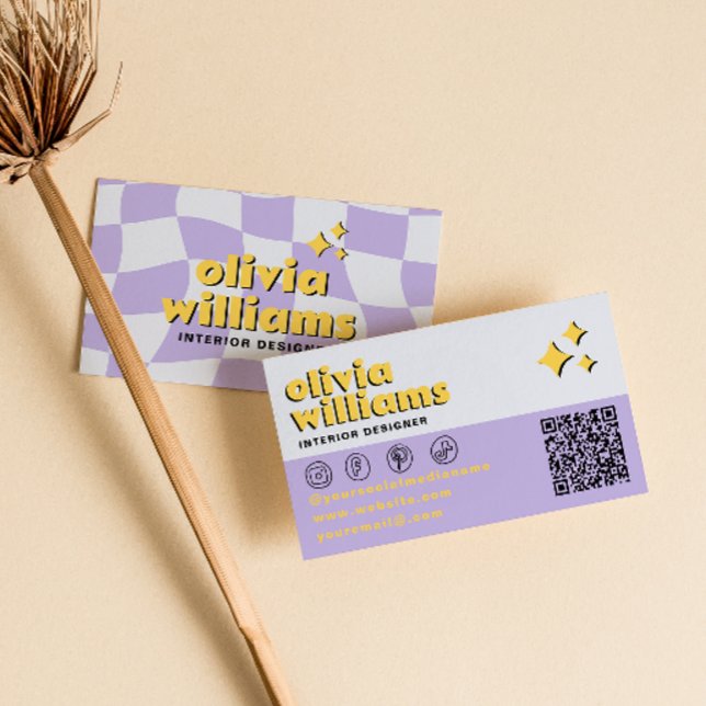 Retro Bold QR Code 70s Groovy Checkered Trendy Business Card (Creator Uploaded)