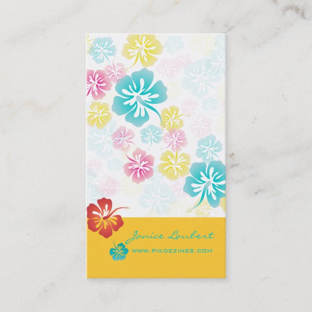 RETRO BOLD TROPICAL FLOWERS, HIBISCUS BUSINESS CARD (Front)