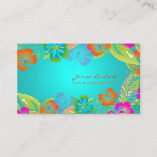 RETRO BOLD TROPICAL FLOWERS, HIBISCUS BUSINESS CARD (Front)