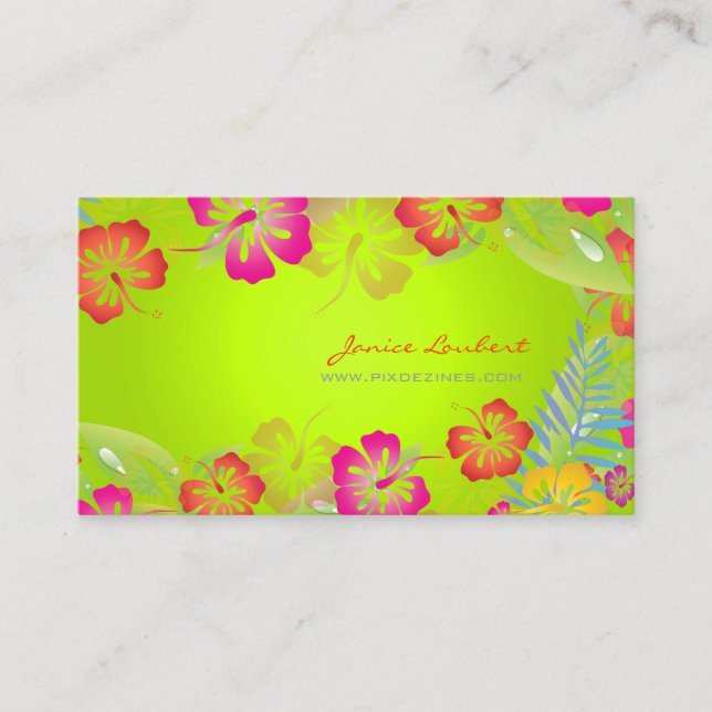RETRO BOLD TROPICAL FLOWERS, HIBISCUS BUSINESS CARD (Front)