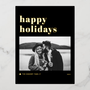 Retro Bold Typography Black Happy Holidays Photo Foil Holiday Postcard