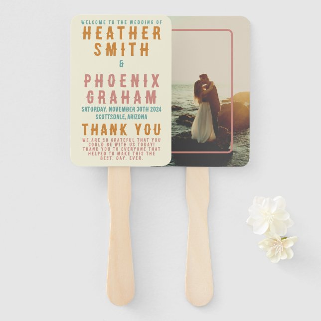 Retro Bold Typography Bright Photo Wedding Hand Fan (Front and Back)