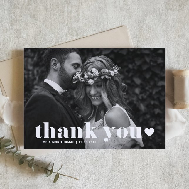Retro Bold Typography Heart Overlay Wedding Thank You Card (Creator Uploaded)