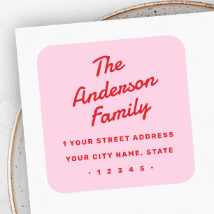 Retro bold typography pink red return address square sticker