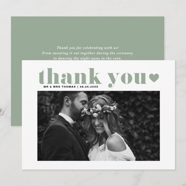 Retro Bold Typography Sage Green Photo Wedding Thank You Card (Front/Back)